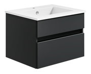 Moderne Badkombination mit schwarzem Unterschrank und weißem Waschbecken, seitliche Perspektive