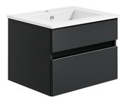 Moderne Badkombination mit schwarzem Unterschrank und weißem Waschbecken, seitliche Perspektive