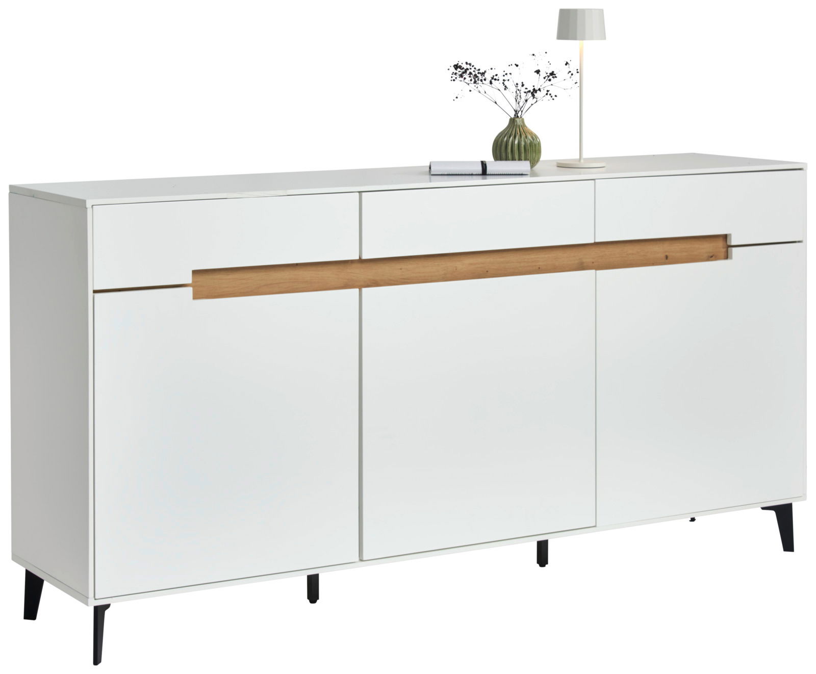Modernes weißes Sideboard mit Holzleiste, dekoriert mit Vase und Lampe, seitliche Perspektive