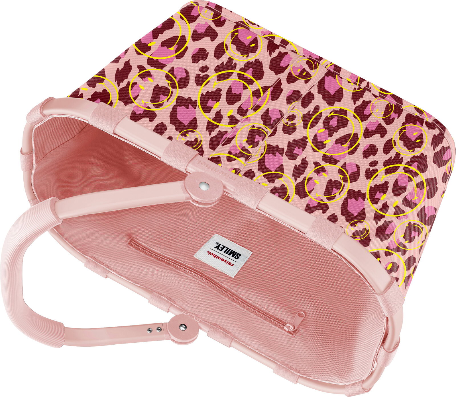 Rosa Kinder-Schulranzen mit Leopardenmuster und gelben Smiley-Details, geöffnet mit sichtbarem Innenfach und Reißverschluss, Ansicht schräg von oben