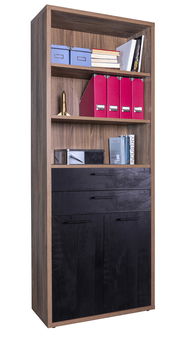 Holzregal mit sechs Fächern, teilweise mit roten Ordnern und blauen Boxen gefüllt, in Frontalansicht