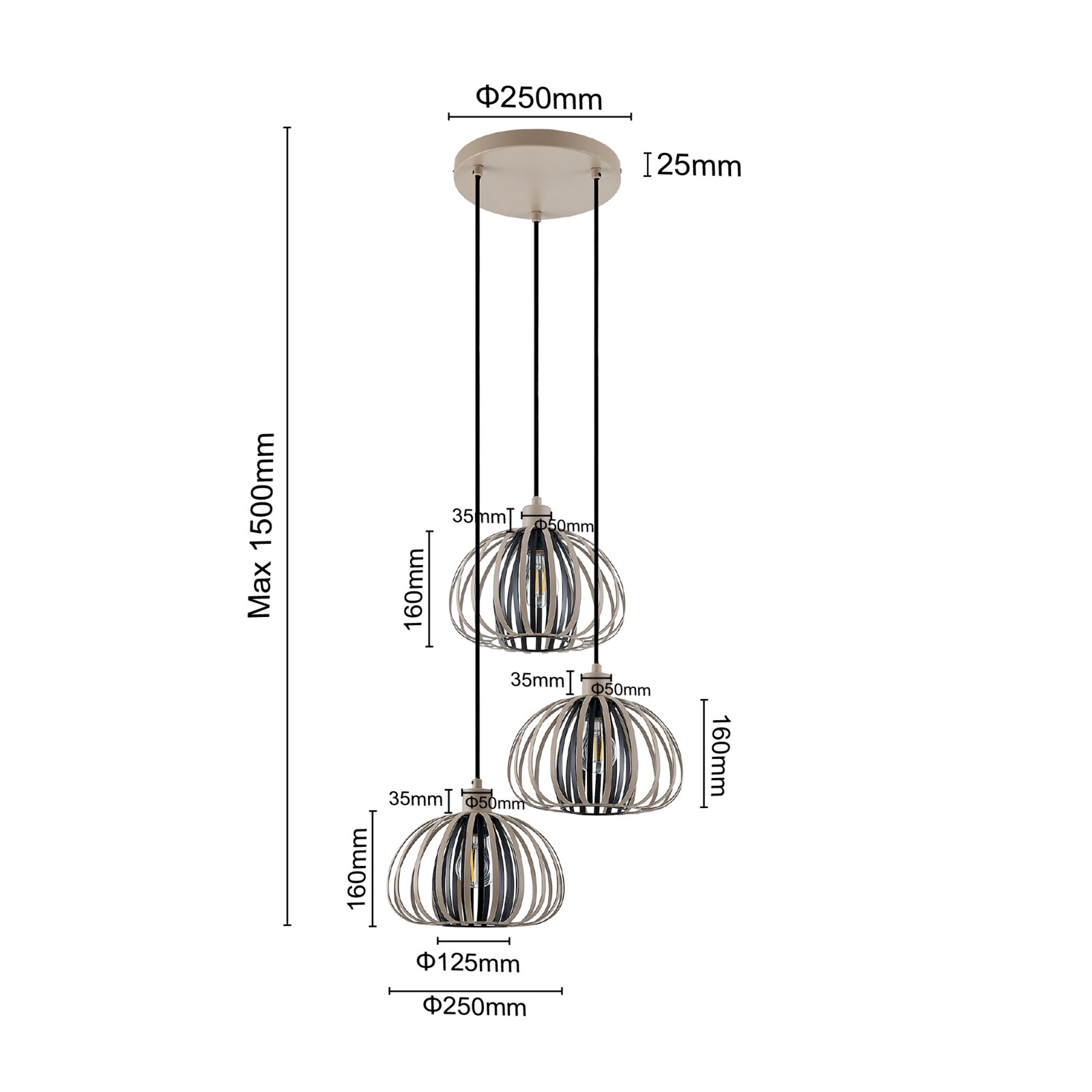 Hanglamp met drie bolvormige lampenkappen van metaal, hangend aan het plafond, met een maximale lengte van 1500 mm. Zijaanzicht.