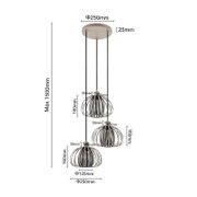 Hanglamp met drie bolvormige lampenkappen van metaal, hangend aan het plafond, met een maximale lengte van 1500 mm. Zijaanzicht.