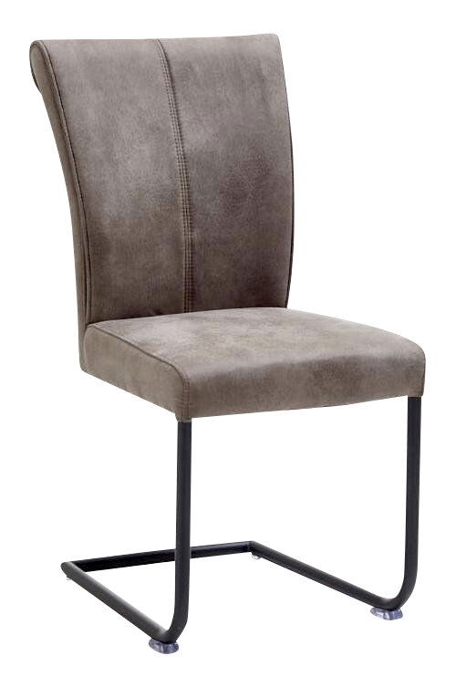 Freischwinger-Stuhl in seitlicher Perspektive, mit braunem Polster und schwarzem Metallgestell.