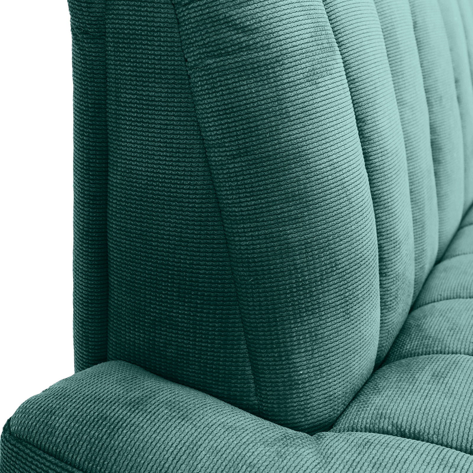 Novel 2,5er-Sitzbank LAILA Nahaufnahme einer grünen 2,5er-Sitzbank mit geripptem Stoffbezug, seitliche Perspektive