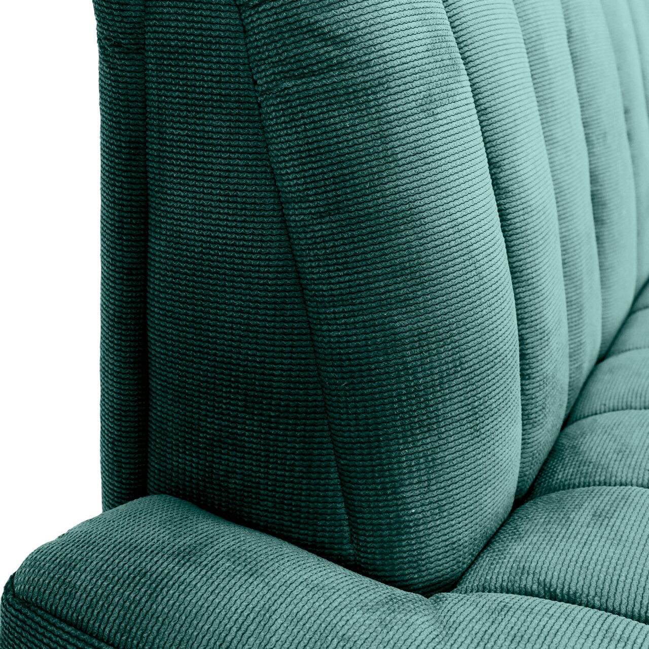 Novel 2,5er-Sitzbank LAILA Nahaufnahme einer grünen 2,5er-Sitzbank mit geripptem Stoffbezug, seitliche Perspektive