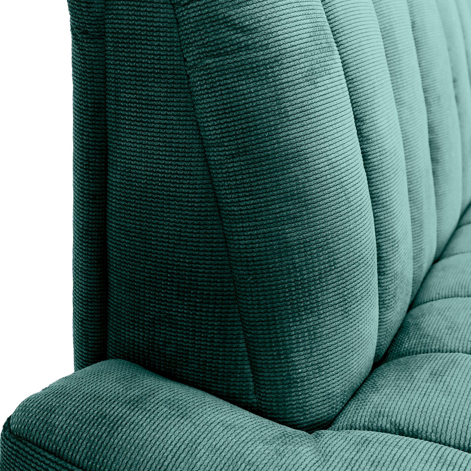 Nahaufnahme einer grünen 2,5er-Sitzbank mit geripptem Stoffbezug, seitliche Perspektive