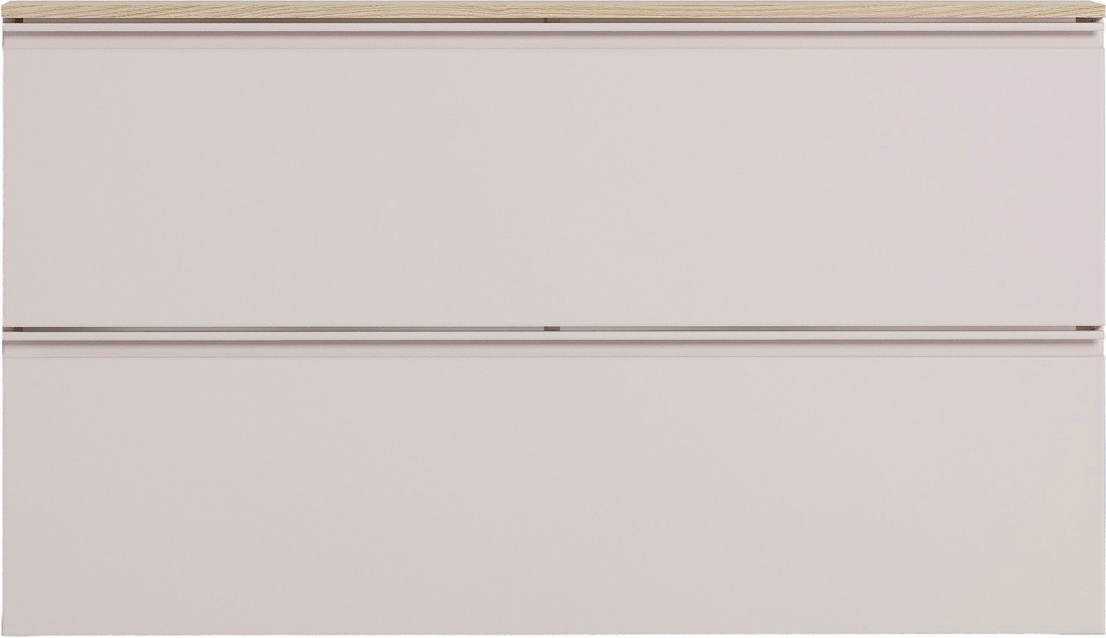 Frontansicht eines modernen Hängeschuhschranks mit zwei Klappen in neutralem Farbton und Holzoberfläche.