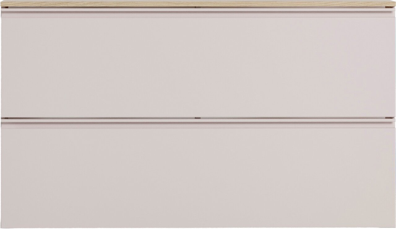Vooraanzicht van een moderne hangende schoenenkast met twee kleppen in een neutrale kleur en een houten afwerking.