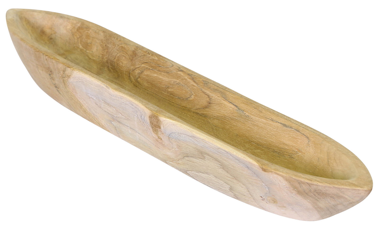 Holzschale in Bootsform aus seitlicher Perspektive