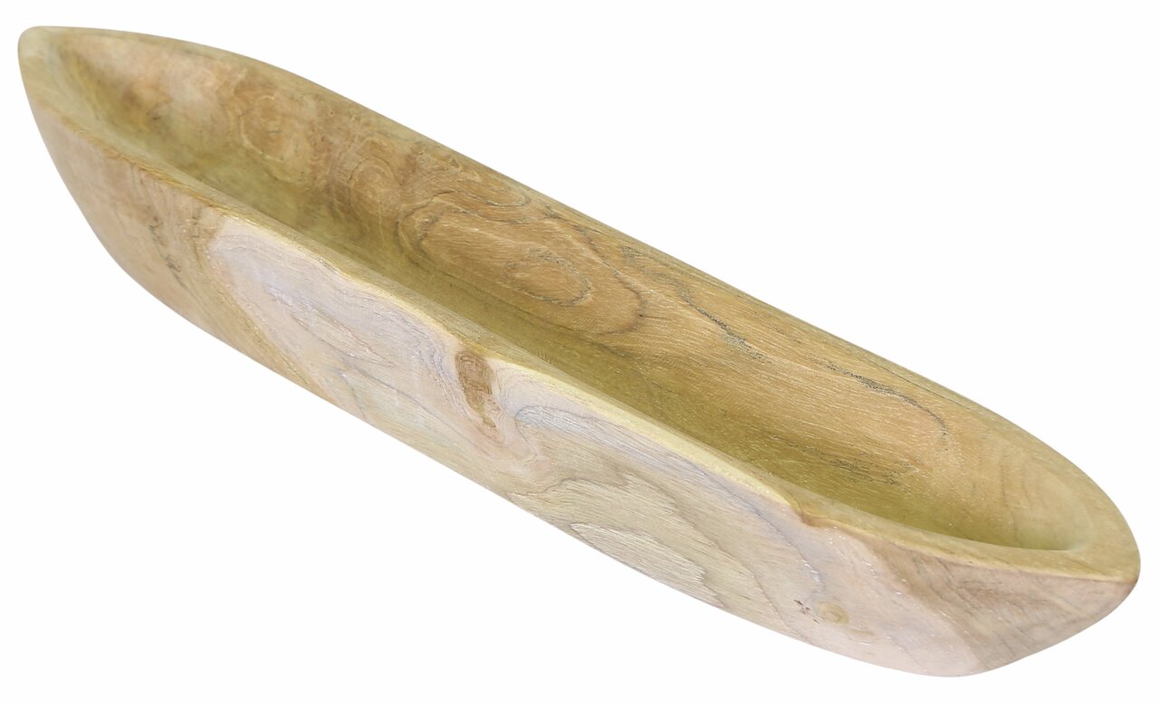 Holzschale in Bootsform aus seitlicher Perspektive