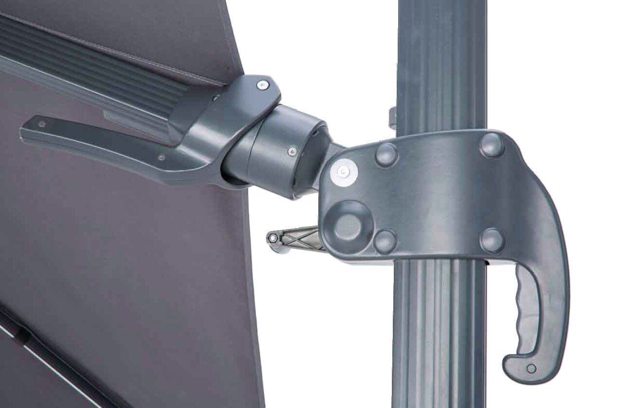 Close-up van een grijze parasol met hefboommechanisme, zijaanzicht