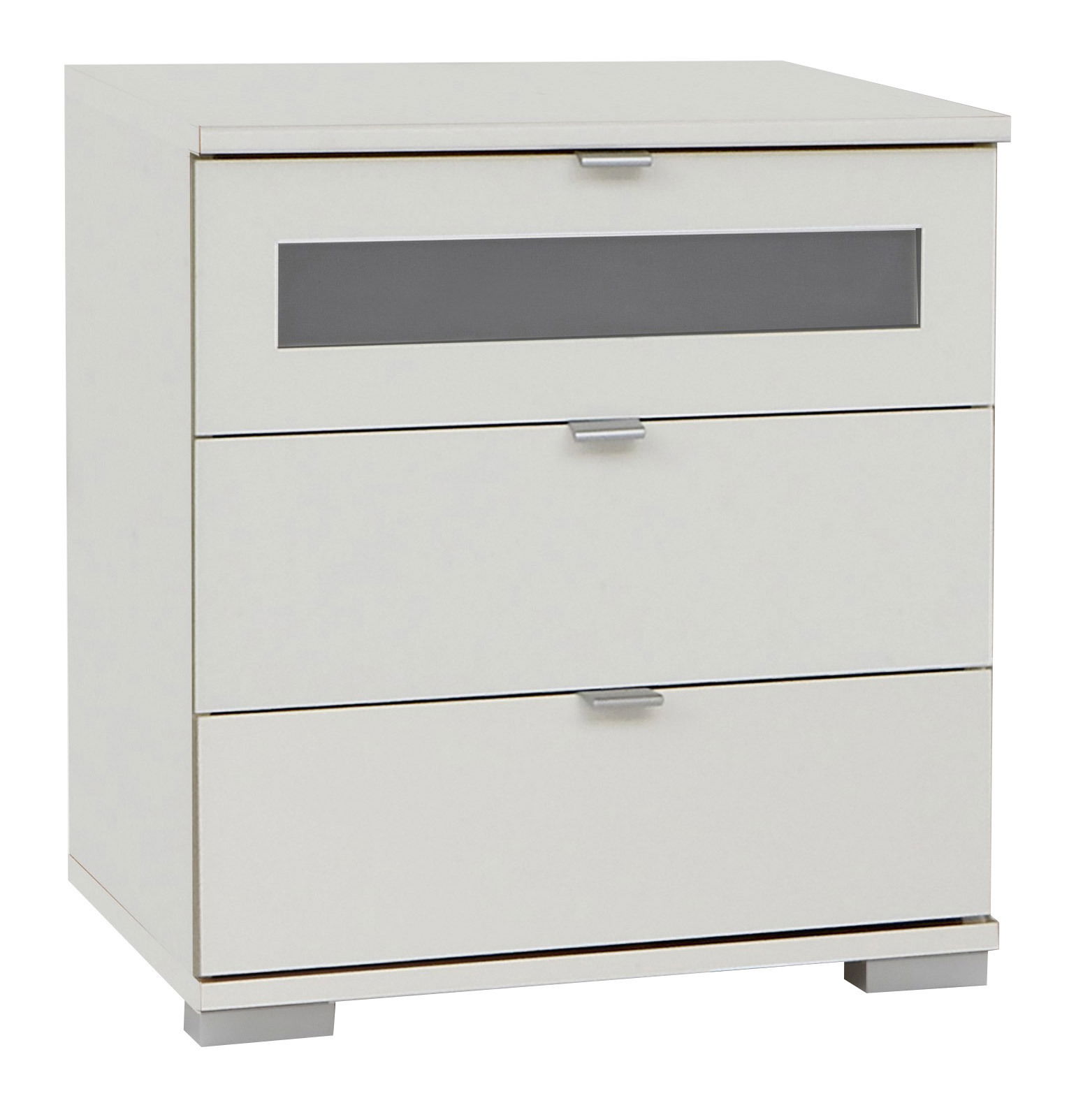 Weiße Nachtkonsole mit drei Schubladen, Frontansicht