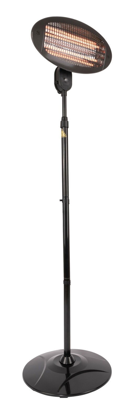Globo Lighting Quarz-Infrarot-Standheizstrahler Quarz-Infrarot-Standheizstrahler in schwarzer Farbe, freistehend mit ovalem Heizkopf, seitliche Perspektive.