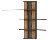 Hängepaneel mit drei Regalböden, frontal abgebildet. Die Rückwand hat eine natürliche Holzoptik mit einem dunklen Streifen in der Mitte.