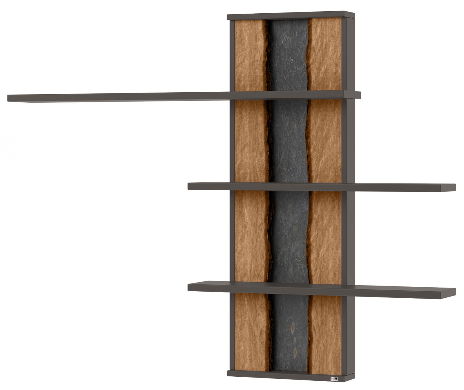 Hängepaneel mit drei Regalböden, frontal abgebildet. Die Rückwand hat eine natürliche Holzoptik mit einem dunklen Streifen in der Mitte.
