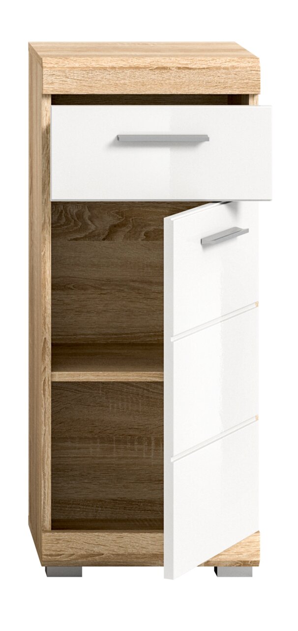 Moderner Standschrank mit Holzoptik und weißer Front, Schublade und Tür leicht geöffnet, Frontalansicht