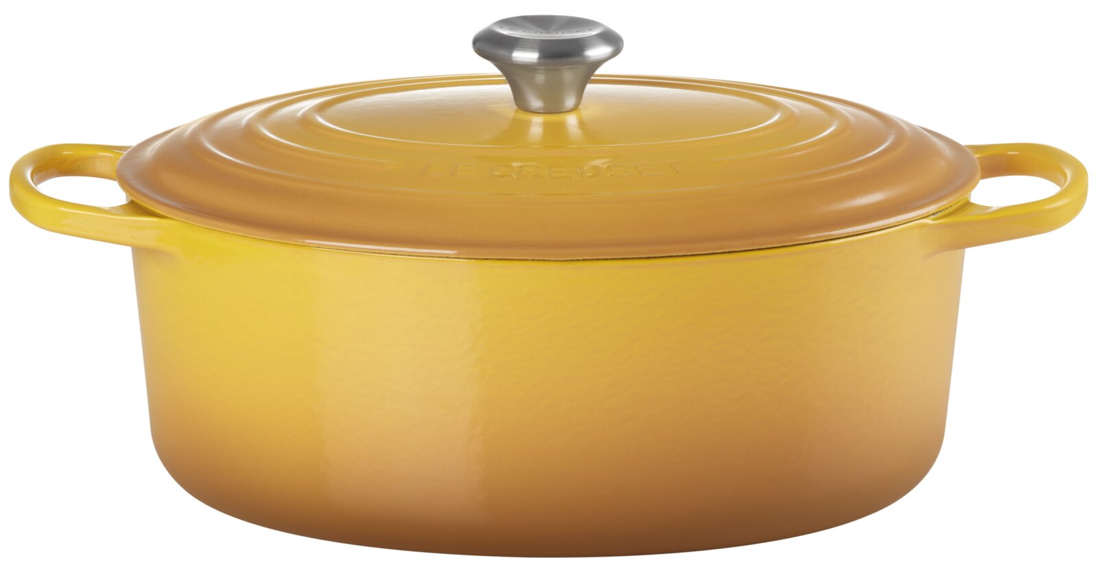 Gelber ovaler Bräter mit Deckel und zwei Griffen, seitliche Perspektive