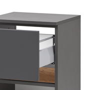 Grauer Unterschrank mit offener Schublade, seitliche Perspektive