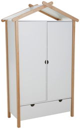 Moderner Kleiderschrank in Hausform mit Holzrahmen und weißen Türen, seitliche Perspektive