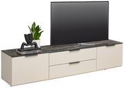 TV-Lowboard in moderner Perspektive mit dunkler Oberseite, dekoriert mit Pflanze und Skulptur, Fernseher aufgestellt.