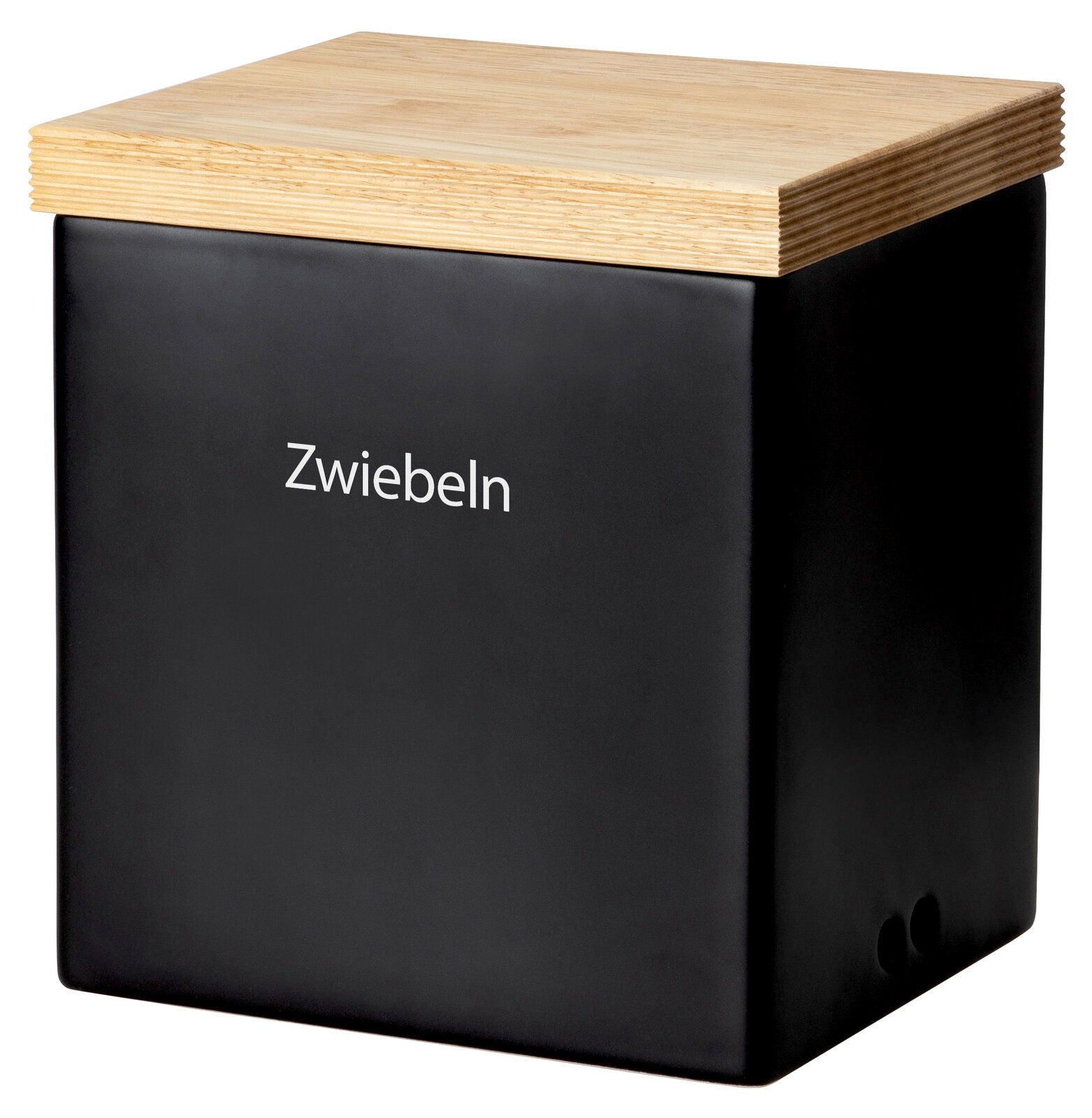 Continenta Vorratsdose schwarz Schwarze Vorratsdose mit Holzdeckel, Aufschrift 'Zwiebeln', seitliche Perspektive
