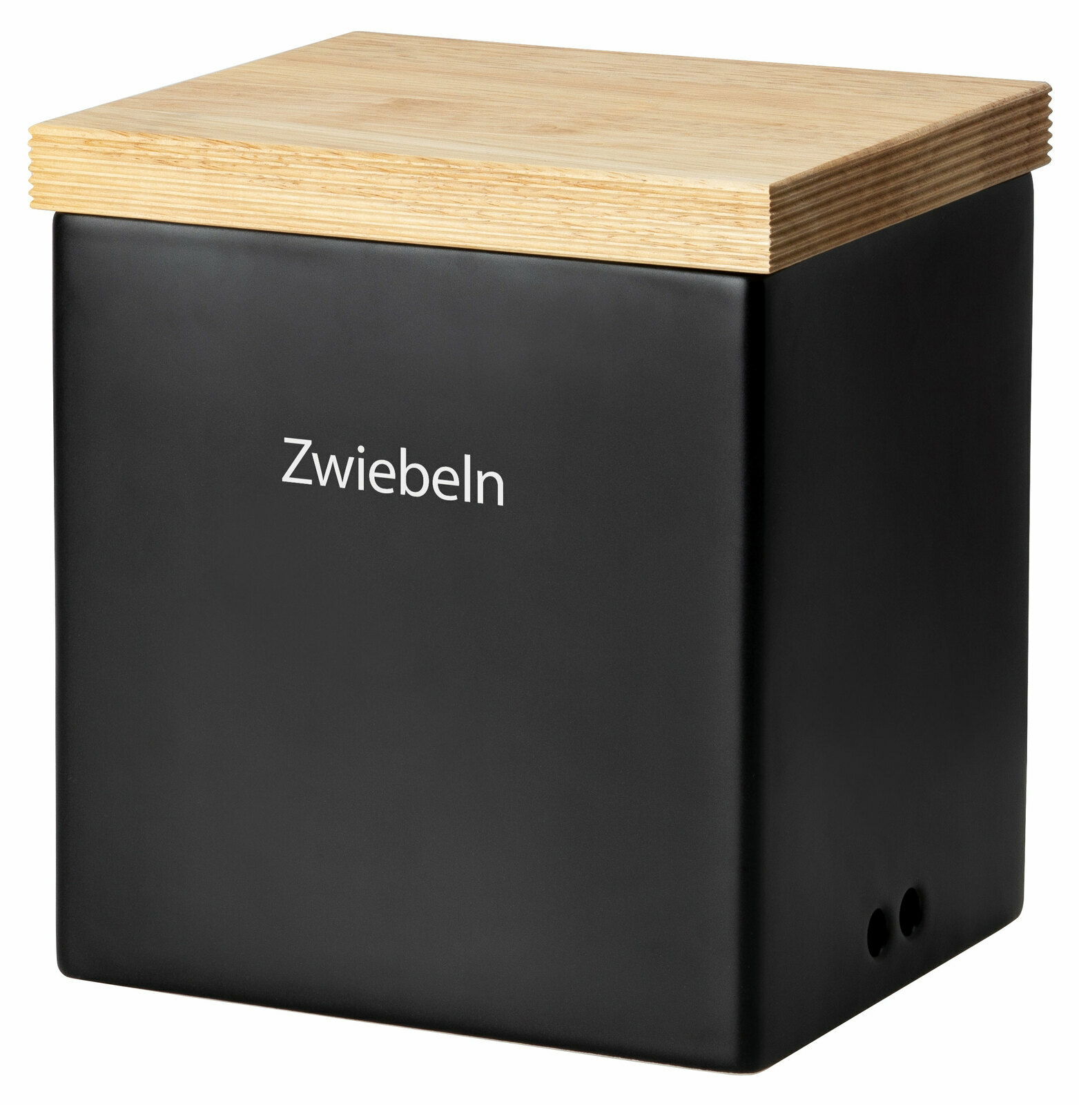 Schwarze Vorratsdose mit Holzdeckel, Aufschrift 'Zwiebeln', seitliche Perspektive