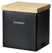Schwarze Vorratsdose mit Holzdeckel, Aufschrift 'Zwiebeln', seitliche Perspektive