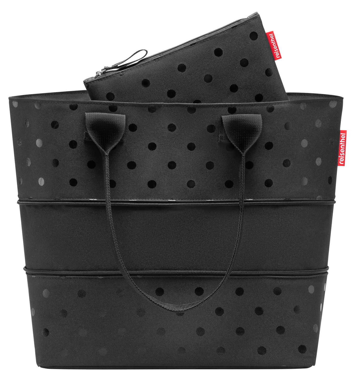 Schwarzes Shopper-Set mit glänzenden Punkten, bestehend aus einer großen Tasche und einem passenden Etui, Vorderansicht