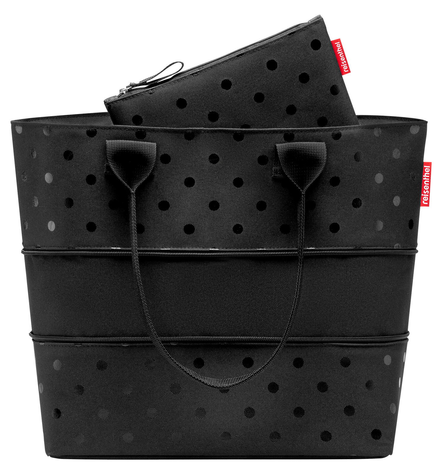 Schwarzes Shopper-Set mit glänzenden Punkten, bestehend aus einer großen Tasche und einem passenden Etui, Vorderansicht