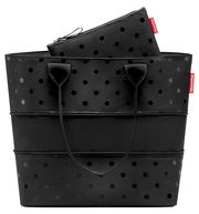 Schwarzes Shopper-Set mit glänzenden Punkten, bestehend aus einer großen Tasche und einem passenden Etui, Vorderansicht