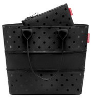 Schwarzes Shopper-Set mit glänzenden Punkten, bestehend aus einer großen Tasche und einem passenden Etui, Vorderansicht