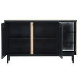 Offenes Sideboard mit zwei Türen, schwarzem Innenraum und Holzdetails, frontale Ansicht.