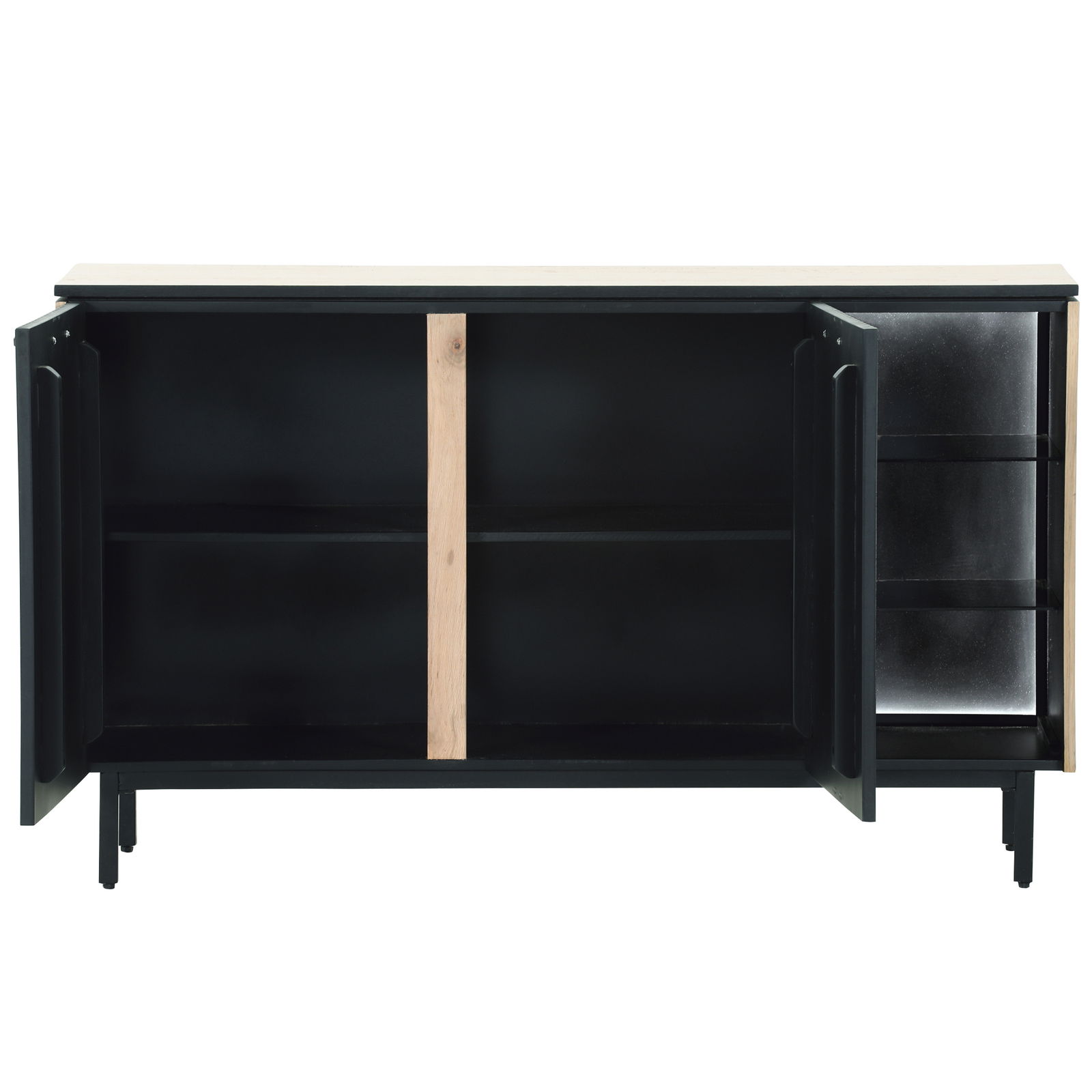 Offenes Sideboard mit zwei Türen, schwarzem Innenraum und Holzdetails, frontale Ansicht.
