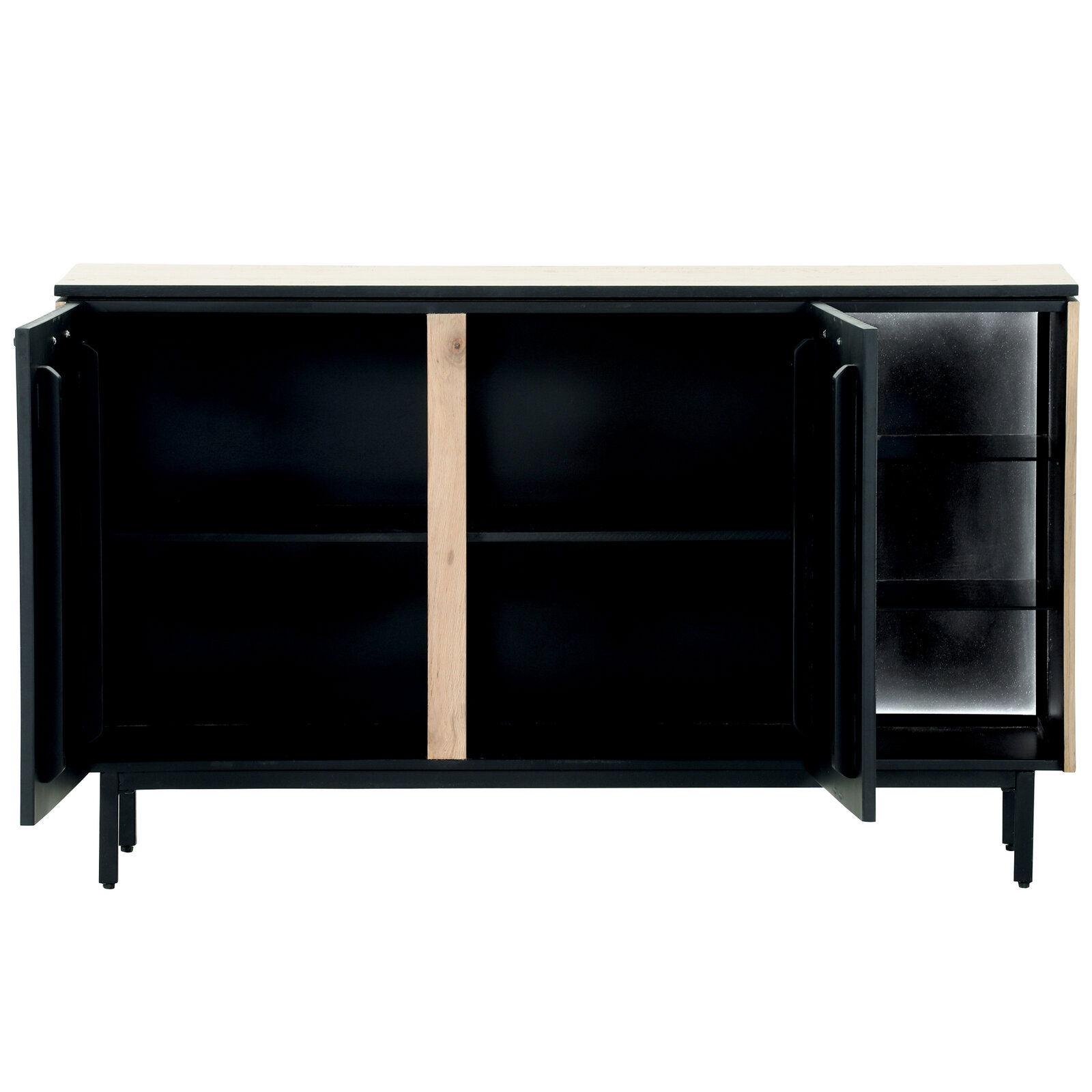 Offenes Sideboard mit zwei Türen, schwarzem Innenraum und Holzdetails, frontale Ansicht.
