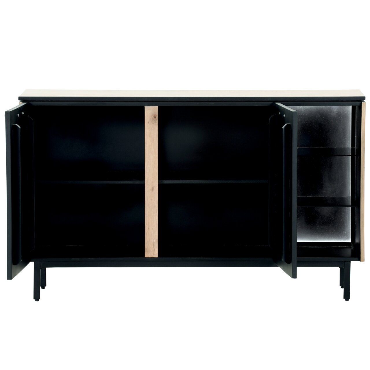 Offenes Sideboard mit zwei Türen, schwarzem Innenraum und Holzdetails, frontale Ansicht.