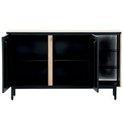 Offenes Sideboard mit zwei Türen, schwarzem Innenraum und Holzdetails, frontale Ansicht.