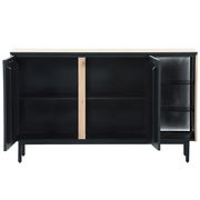 Offenes Sideboard mit zwei Türen, schwarzem Innenraum und Holzdetails, frontale Ansicht.