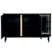 Open dressoir met twee deuren, zwarte binnenkant en houten details, vooraanzicht.