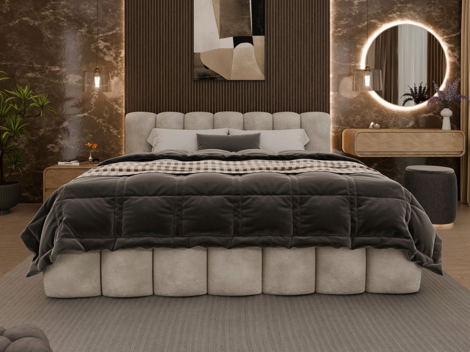 Frontale Ansicht eines eleganten Polsterbetts mit grauem Kopfteil und luxuriöser Bettwäsche in einem stilvoll eingerichteten Schlafzimmer.