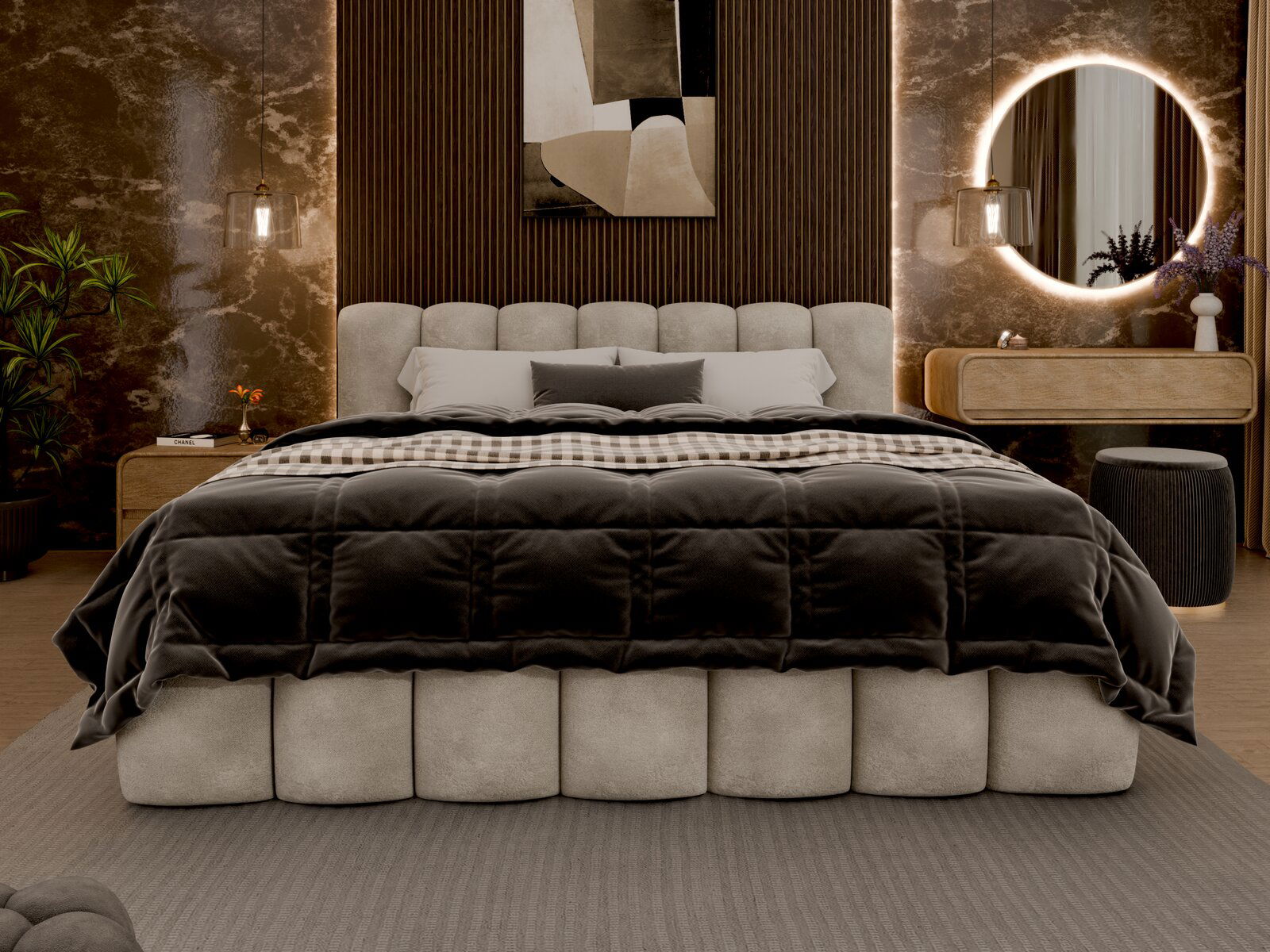 Frontale Ansicht eines eleganten Polsterbetts mit grauem Kopfteil und luxuriöser Bettwäsche in einem stilvoll eingerichteten Schlafzimmer.