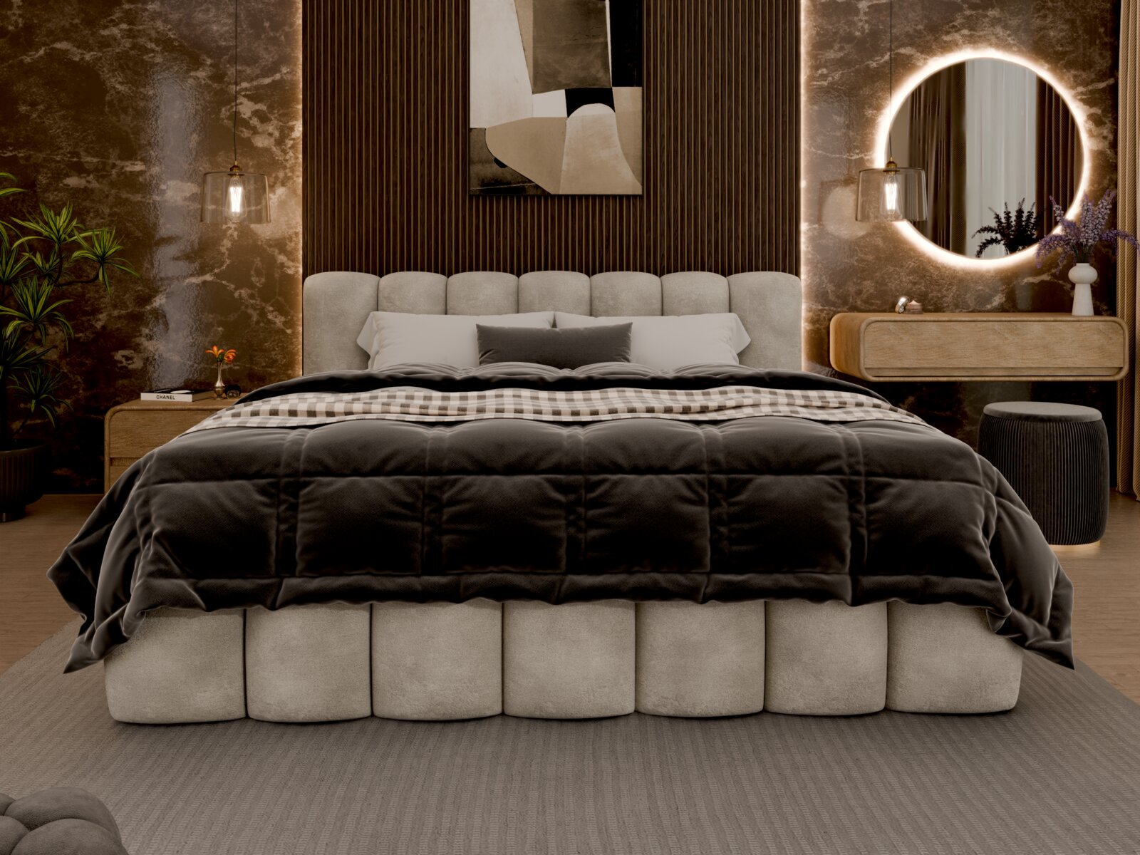 Frontale Ansicht eines eleganten Polsterbetts mit grauem Kopfteil und luxuriöser Bettwäsche in einem stilvoll eingerichteten Schlafzimmer.
