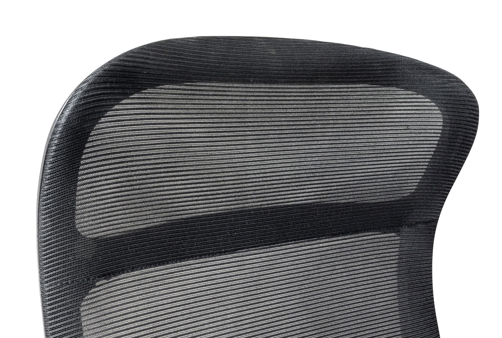 Rückansicht einer ergonomischen Drehstuhl-Rückenlehne mit schwarzem Netzgewebe.
