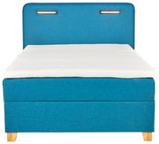 Frontale Ansicht eines blauen Boxspringbetts Moderano HELIOS mit weißer Matratze und Holzfüßen.