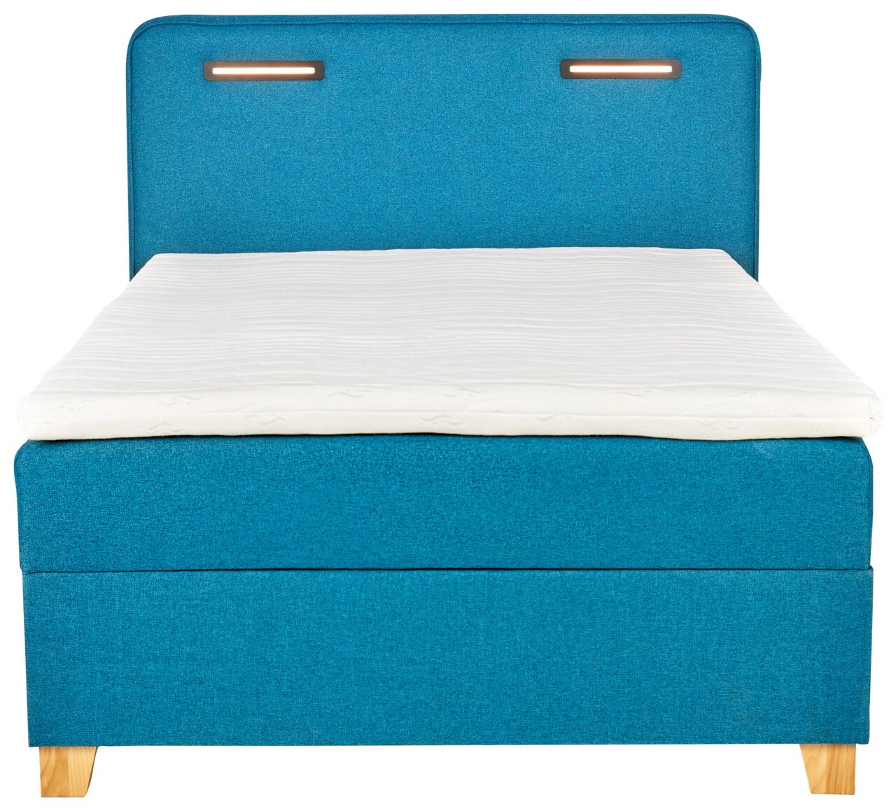 Frontale Ansicht eines blauen Boxspringbetts Moderano HELIOS mit weißer Matratze und Holzfüßen.