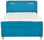 Frontale Ansicht eines blauen Boxspringbetts Moderano HELIOS mit weißer Matratze und Holzfüßen.