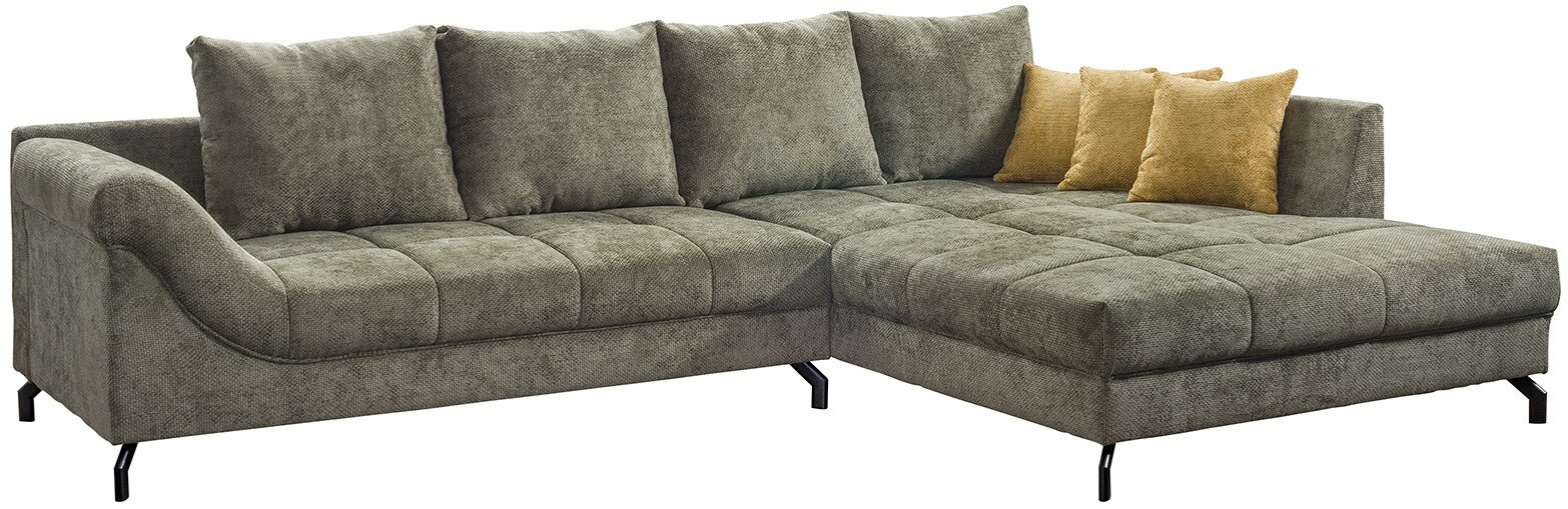 Z2 Ecksofa PAULA Modernes graues Ecksofa mit rechter Ottomane, gesteppten Sitzflächen, fünf Rückenkissen und zwei gelben Zierkissen, auf schwarzen Metallfüßen – Frontansicht leicht von links.