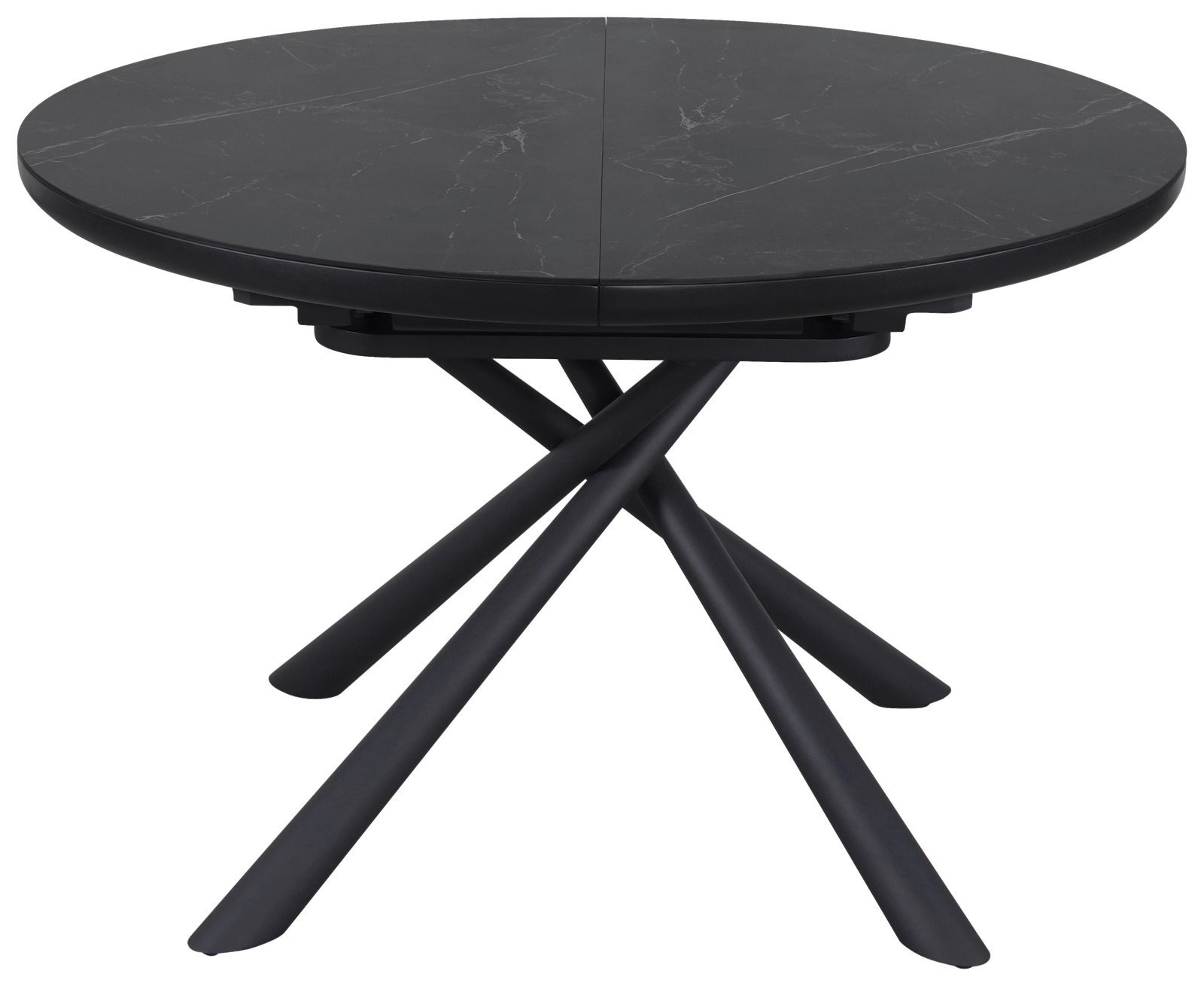 Runder Esstisch mit schwarzer Marmoroptik und gekreuzten Beinen, Frontalansicht