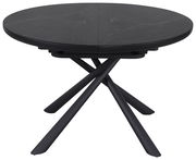 Runder Esstisch mit schwarzer Marmoroptik und gekreuzten Beinen, Frontalansicht
