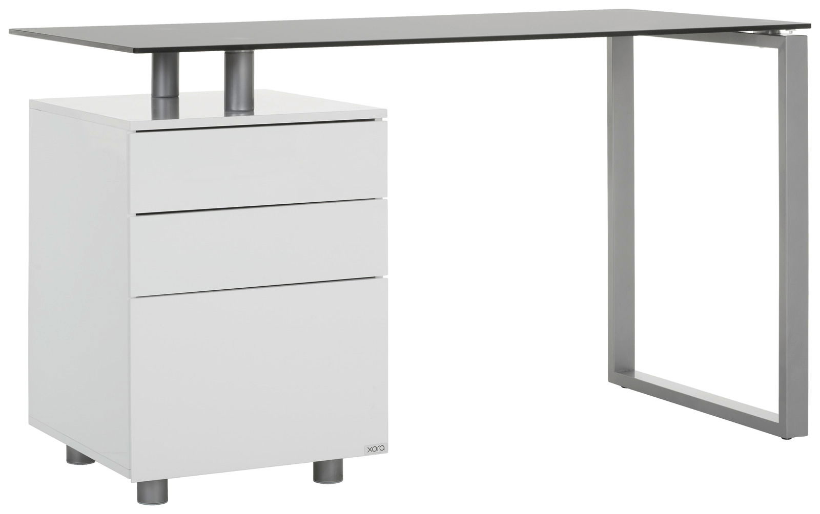 Moderner Schreibtisch mit weißem Korpus und drei Schubladen, seitliche Perspektive
